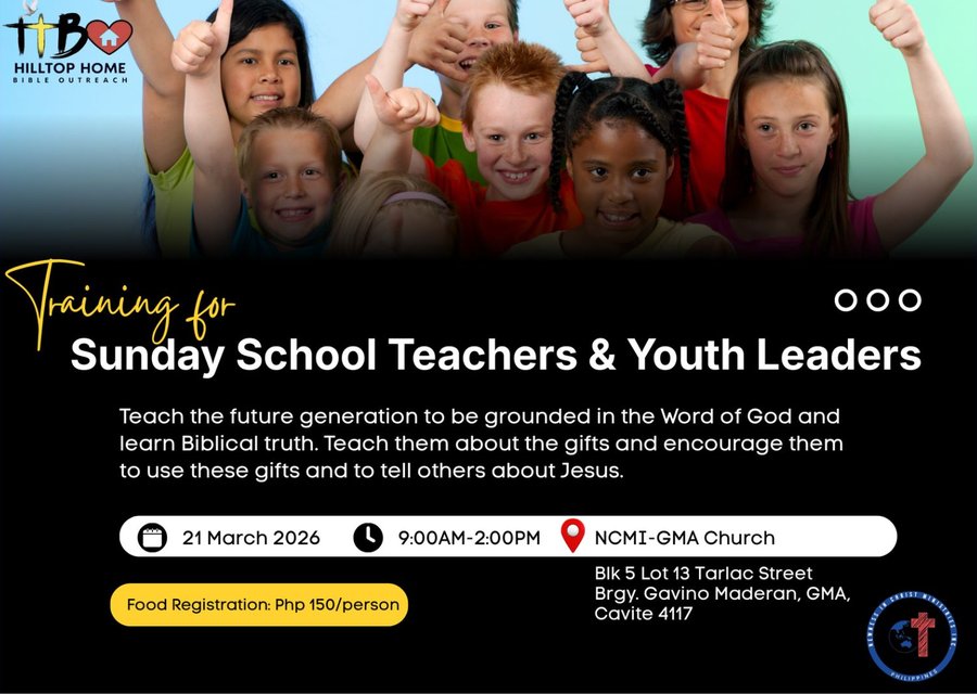 Poster for the Training for Sunday School Teachers and Youth Leaders, March 21, 2026 at NCMI-GMA Church